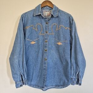 Vintage Blue Western Denim Button Up Collared Shirt Medium